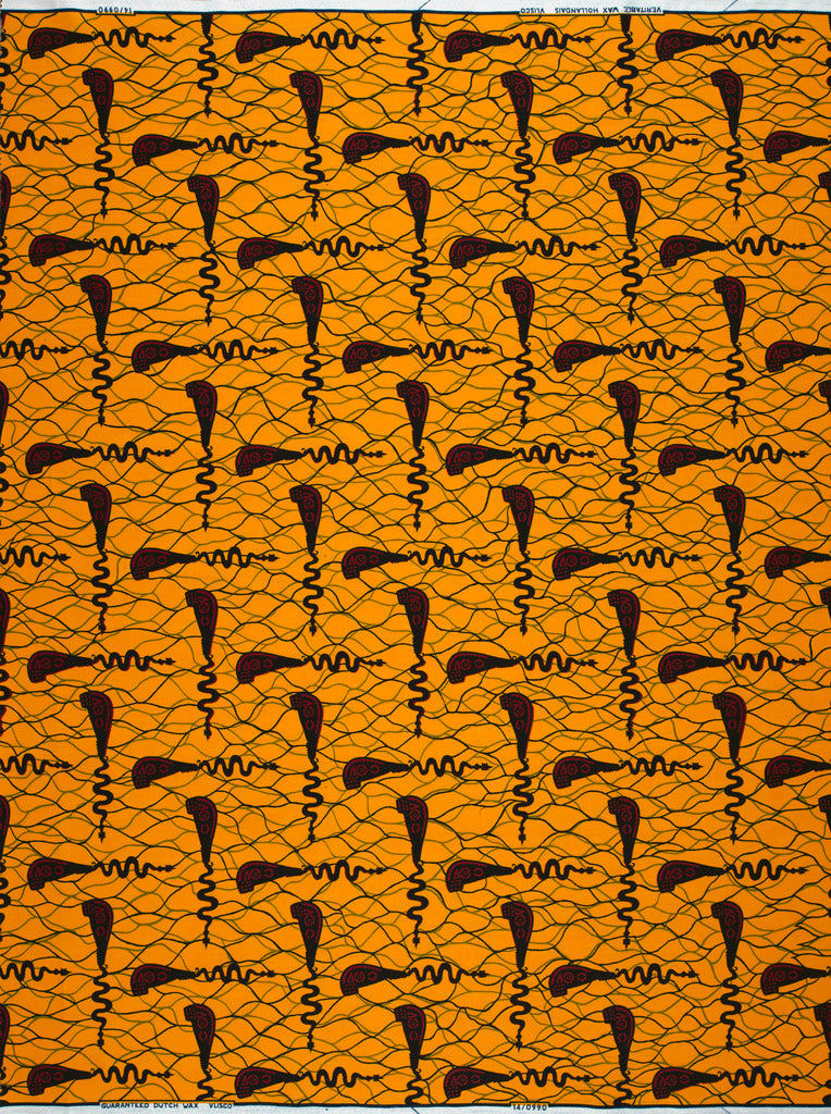 Orange Wax Hollandais fabric with brown abstract pattern, ideal for African fabric designs