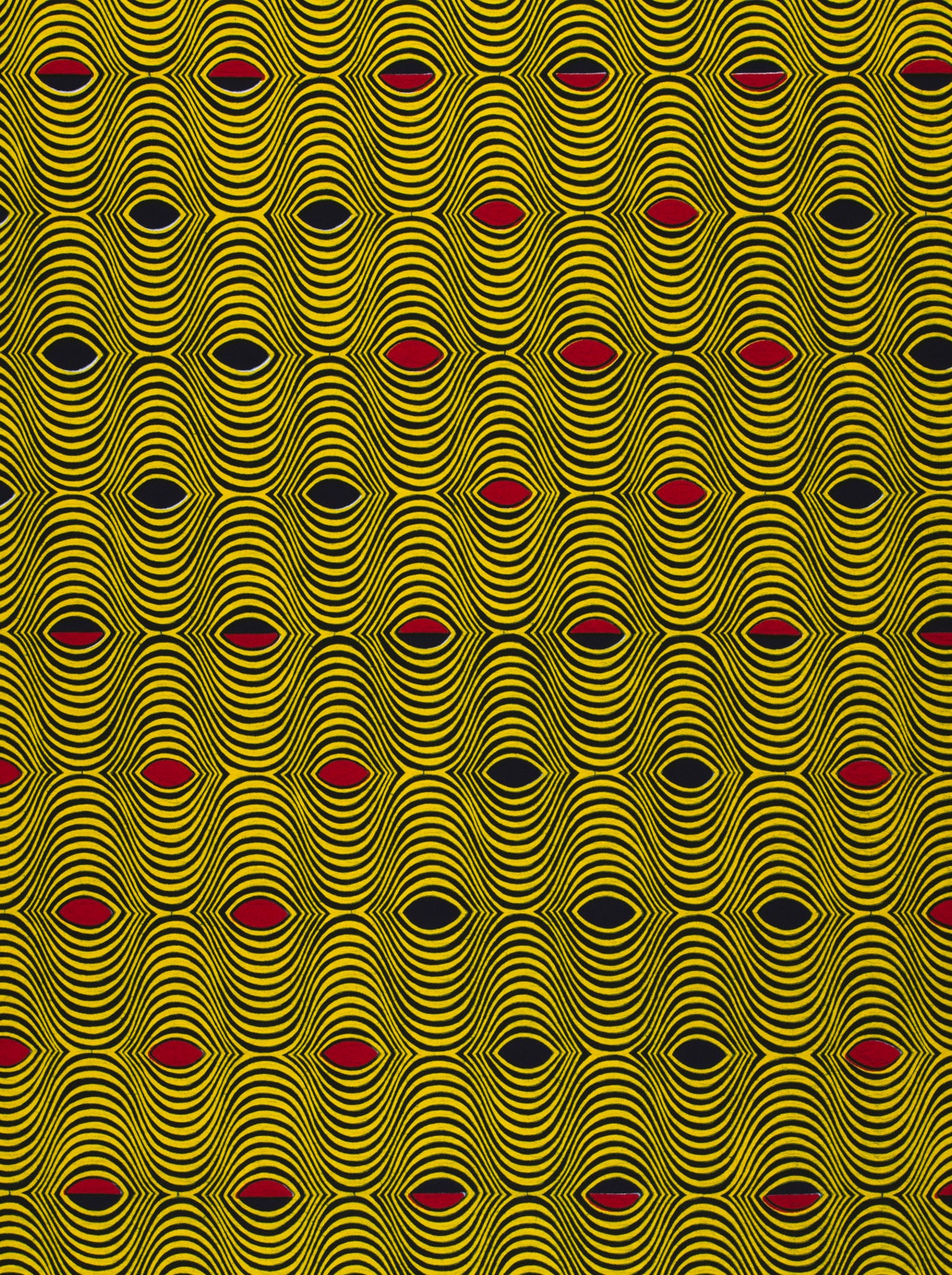 Repeating yellow and black wavy pattern with red and black ovals on Wax Hollandais fabric