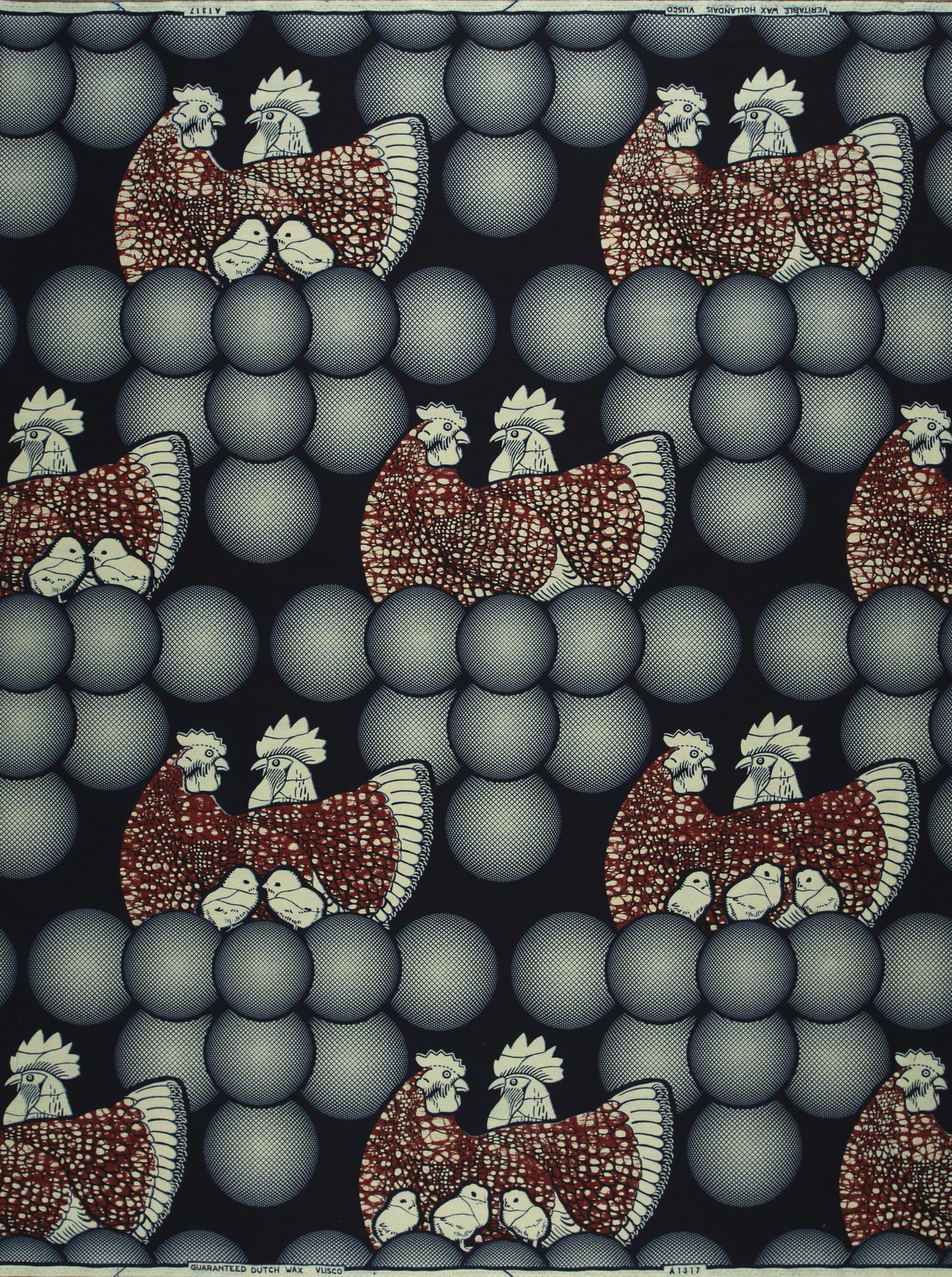 Repeating chicken and sphere pattern on Wax Hollandais VLA1317.037 African fabric