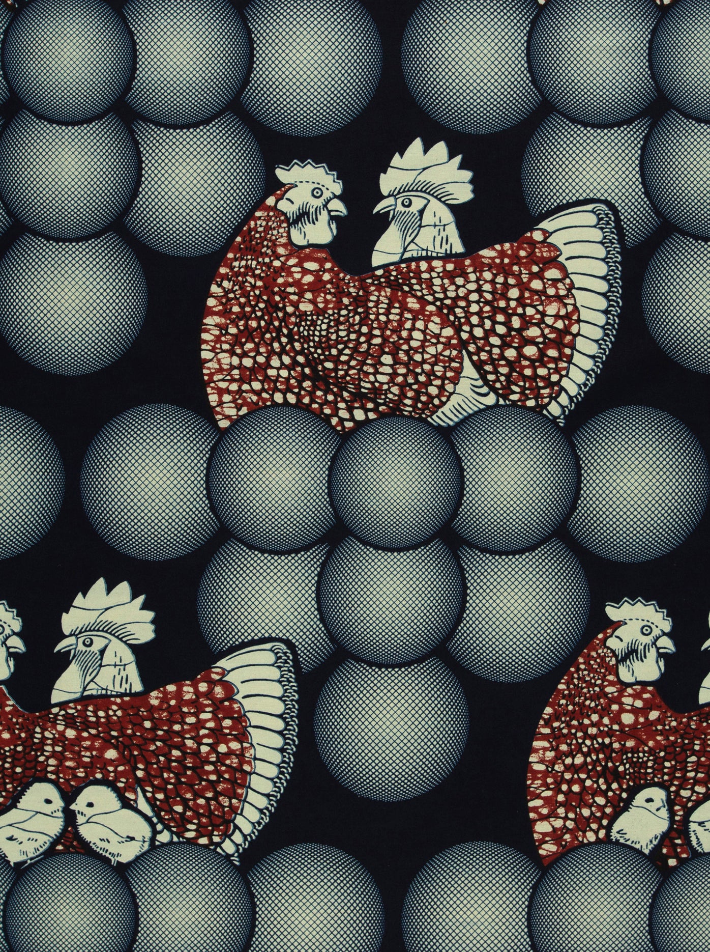 Repeating chicken and sphere pattern on Wax Hollandais fabric VLA1317.037