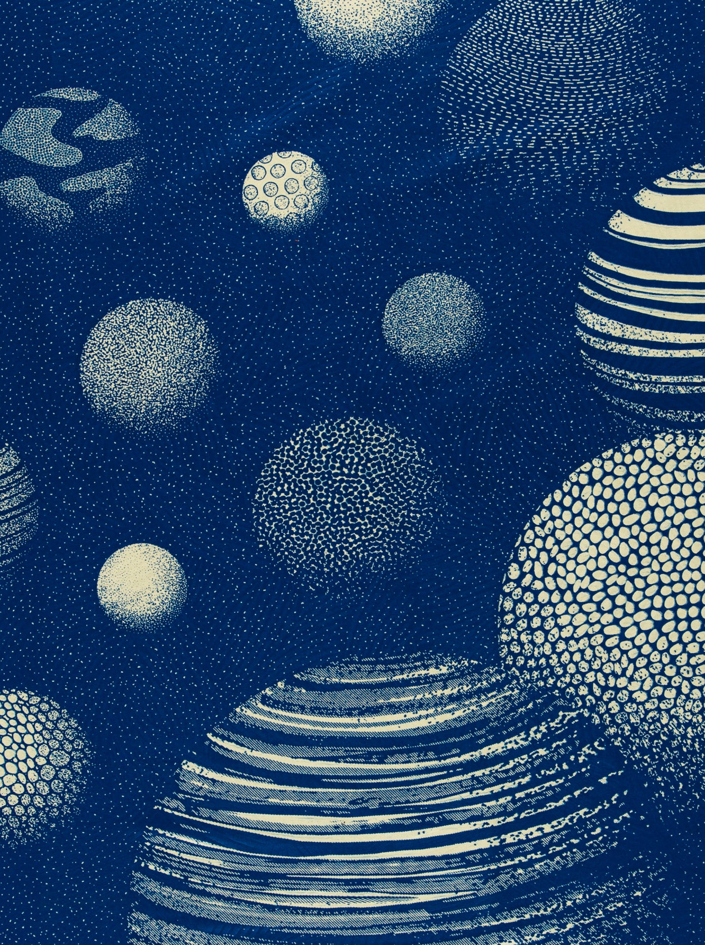 Abstract blue and white patterned spheres on Wax Hollandais VLA2104.030 African fabric