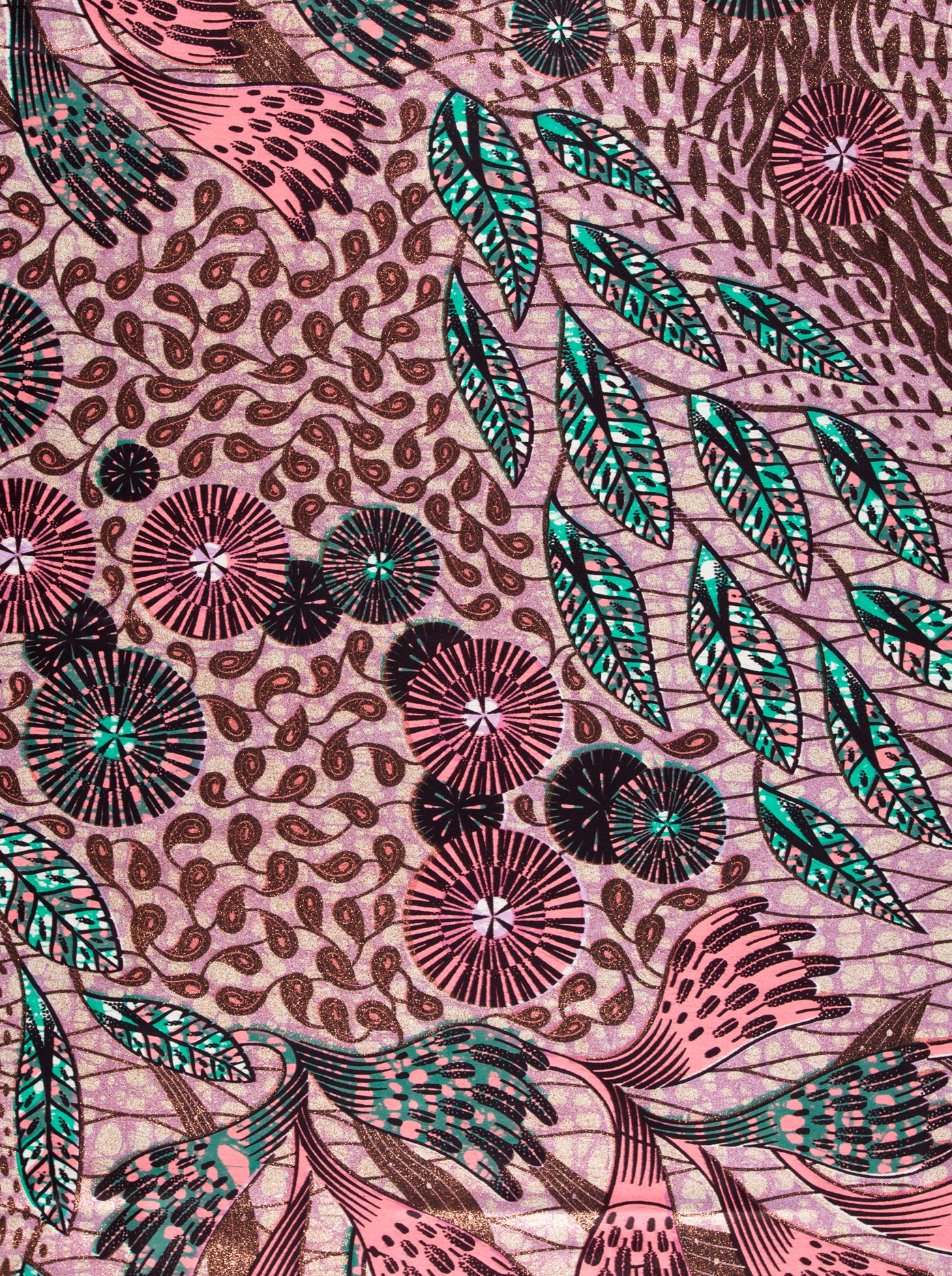 Floral and leaf patterned Grand Super-Wax fabric in Copper Shine Embellished design