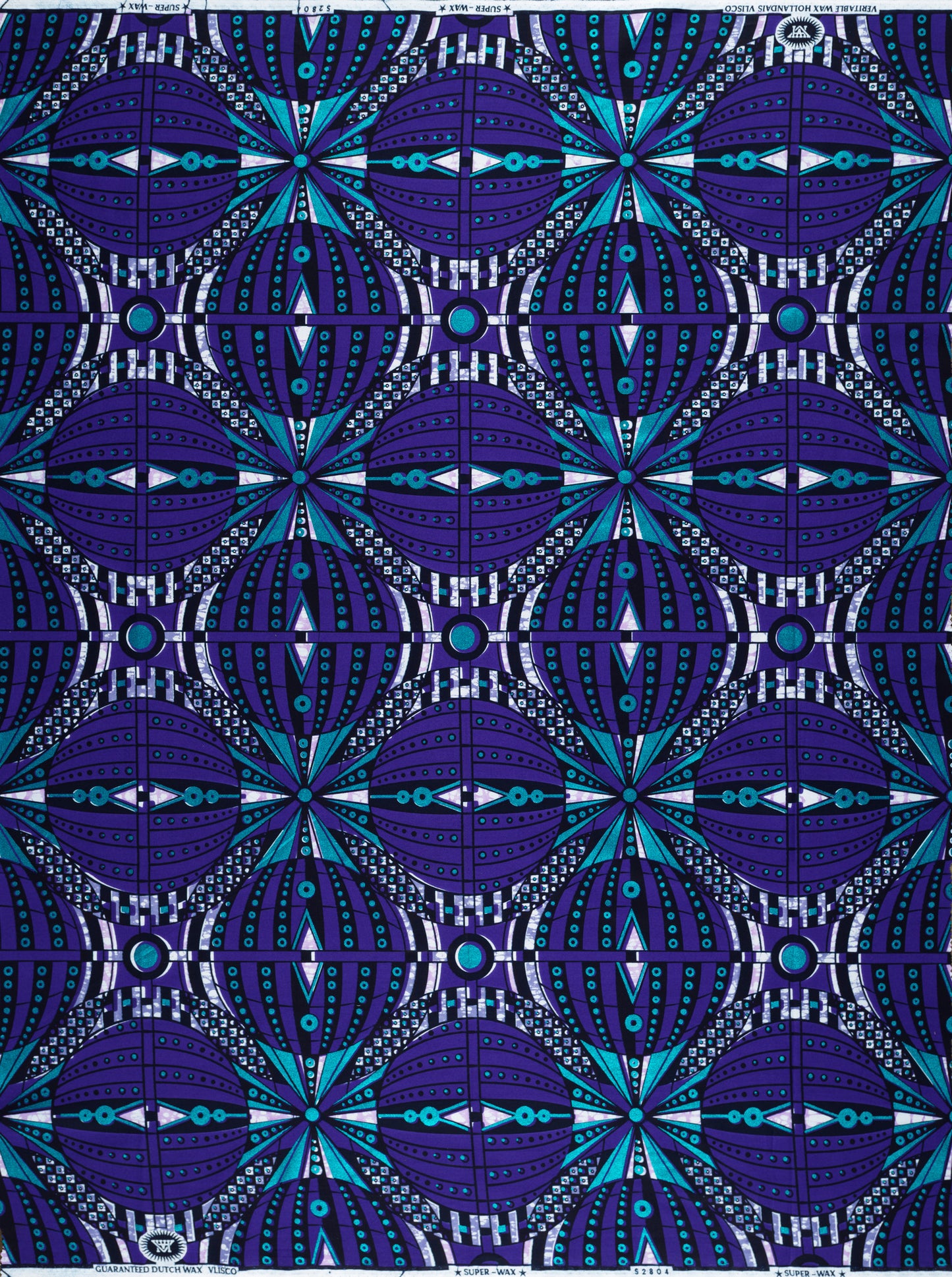 Purple and teal patterned fabric showcasing a bubble effect in expressive design for Super-Wax