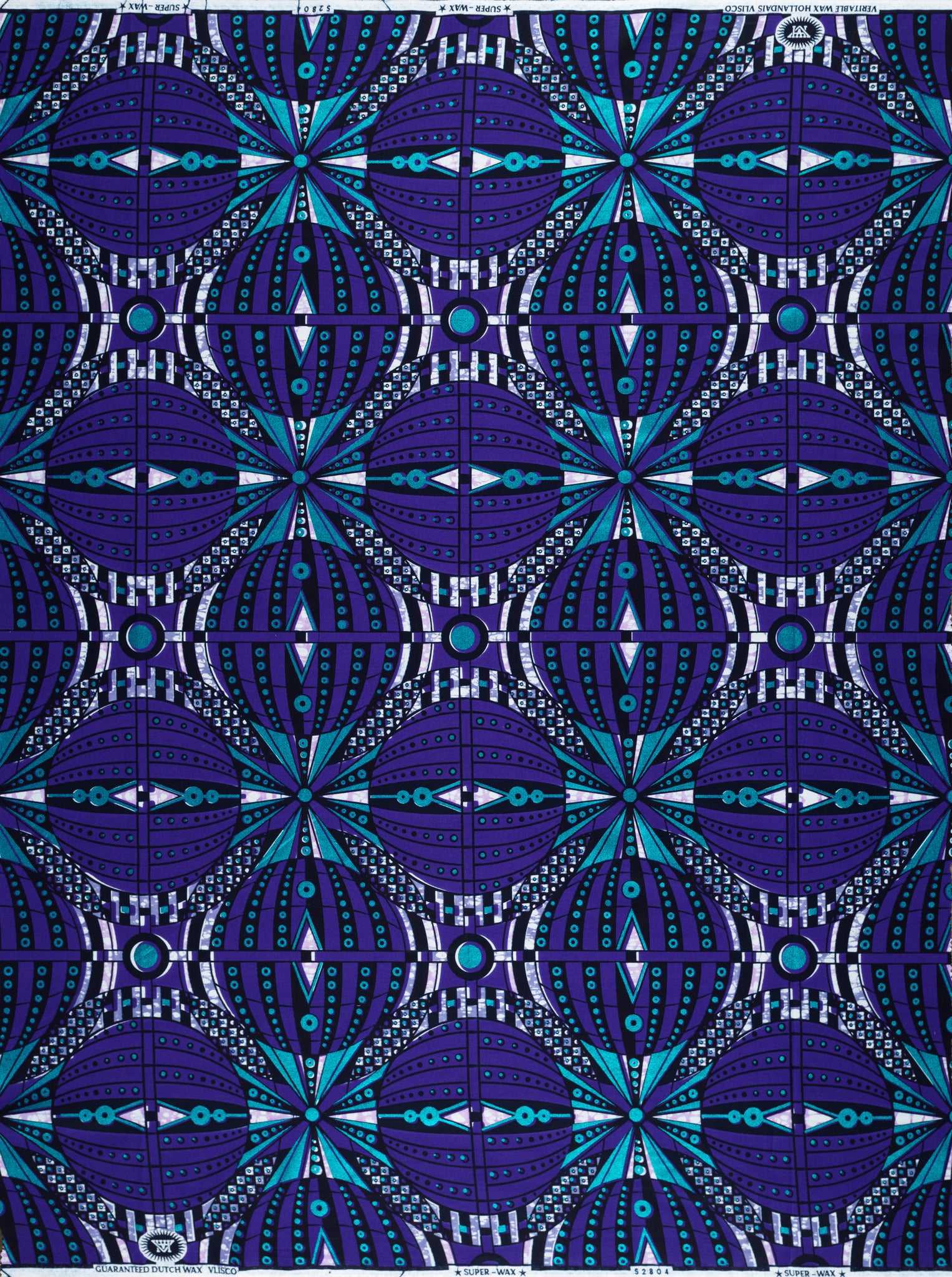 Purple and teal patterned fabric showcasing a bubble effect in expressive design for Super-Wax