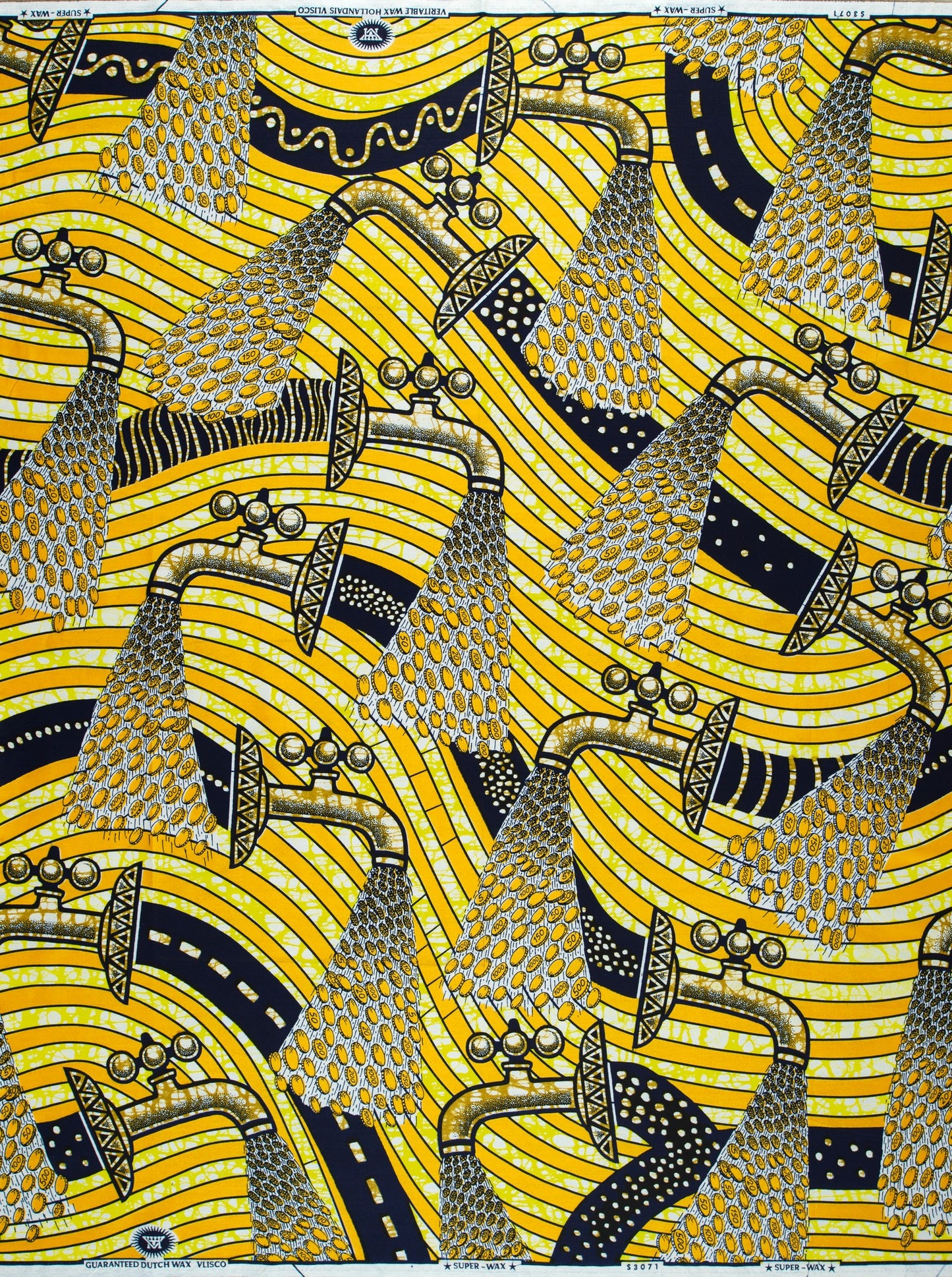 Yellow and black faucet pattern fabric with a bubble effect in the Super-Wax design