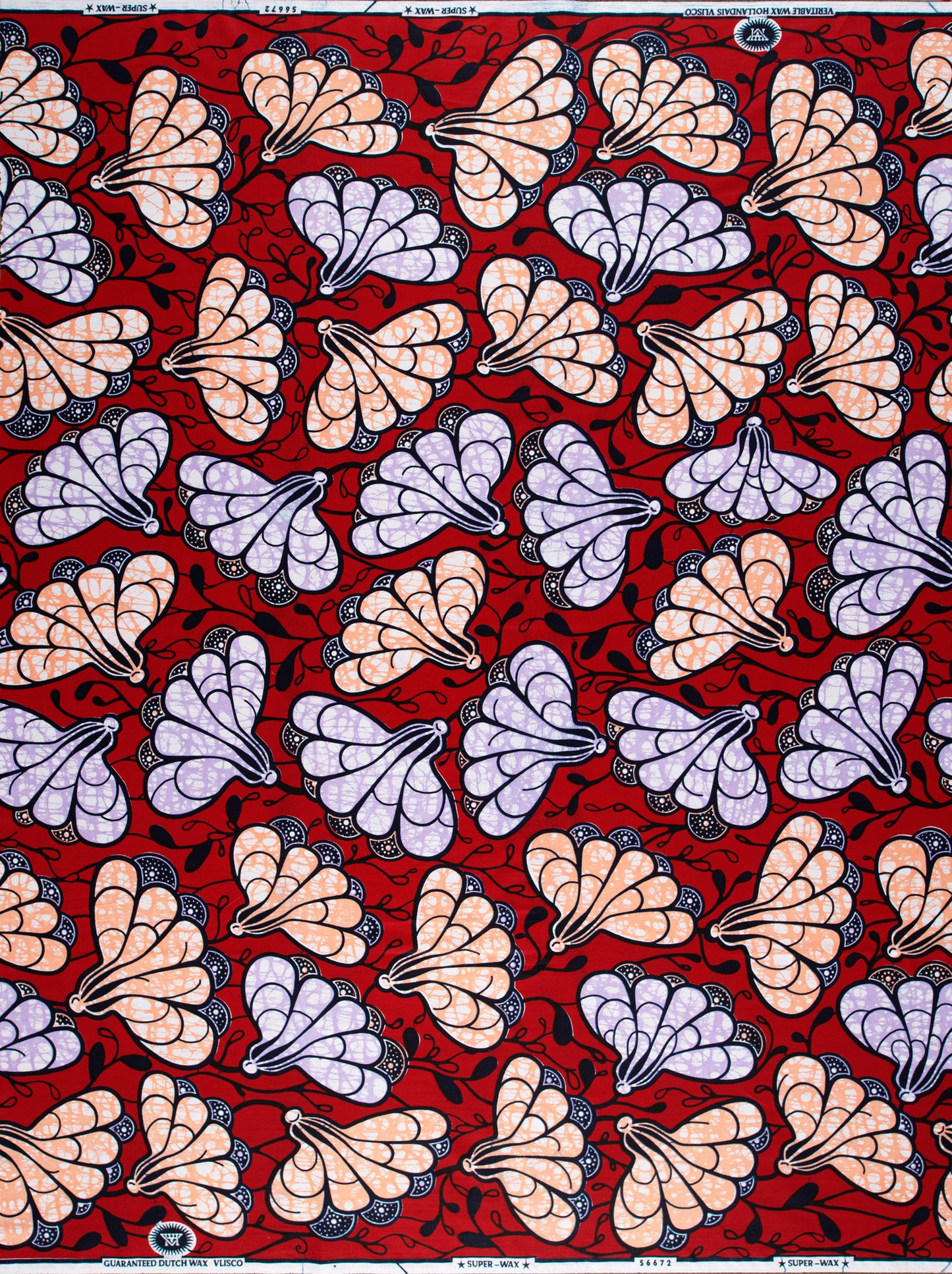 Red fabric with fan-shaped patterns featuring a bubble effect in the Super-Wax VLS6672.013