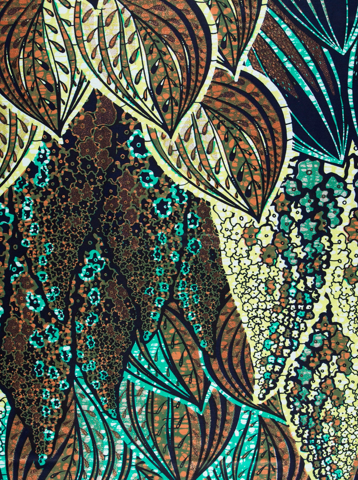 Abstract floral and leaf pattern on Grand Super-Wax African fabric in Copper Shine