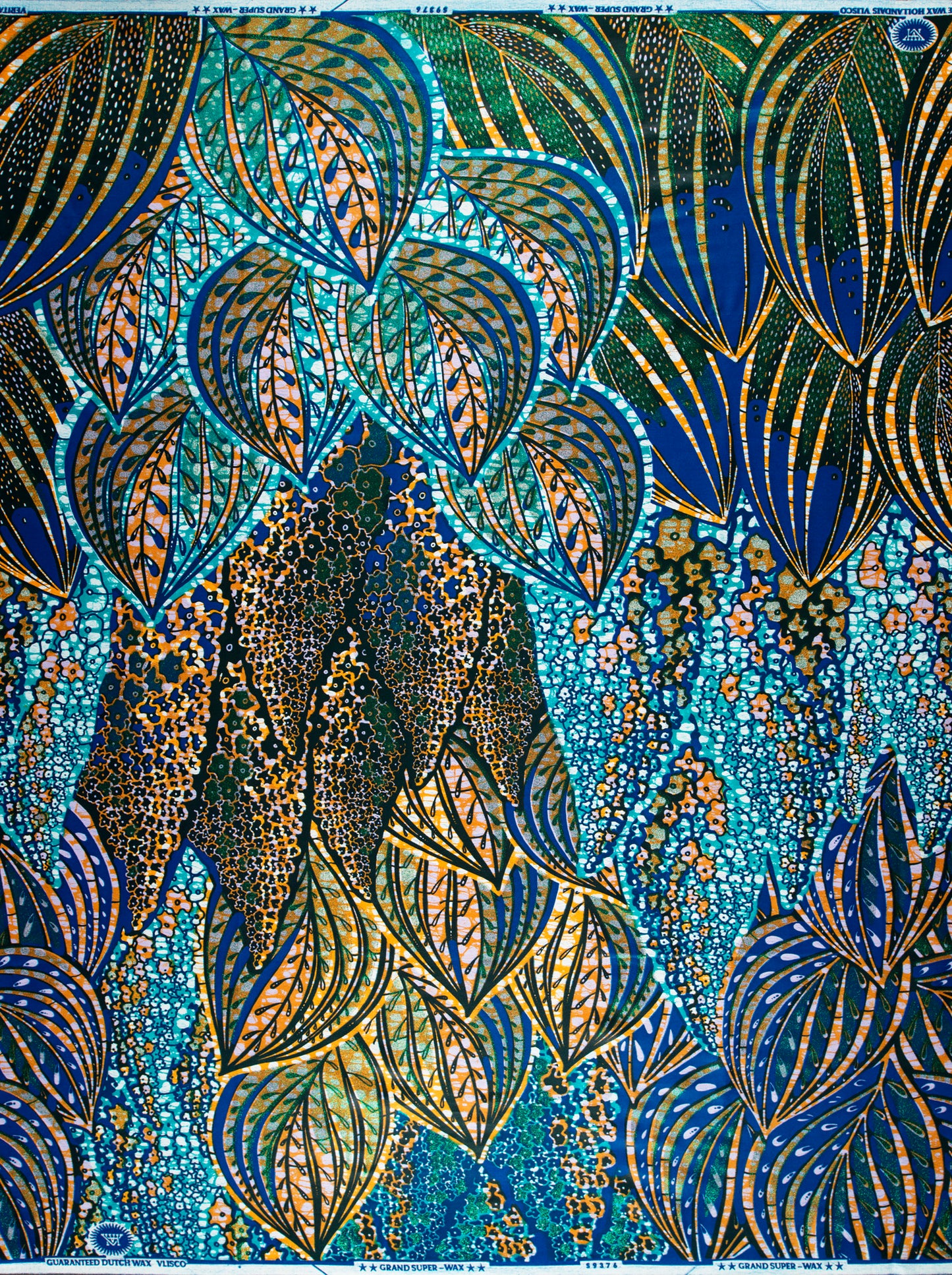 Intricate blue and gold floral fabric of Grand Super-Wax African Fabric VLS9376.007